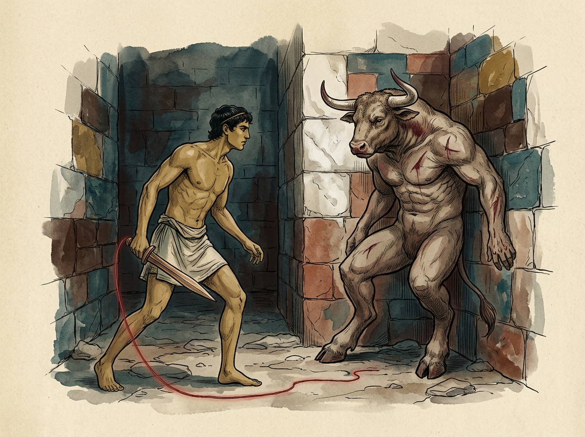 Teseo empuñando una espada frente al Minotauro en las sombras del laberinto