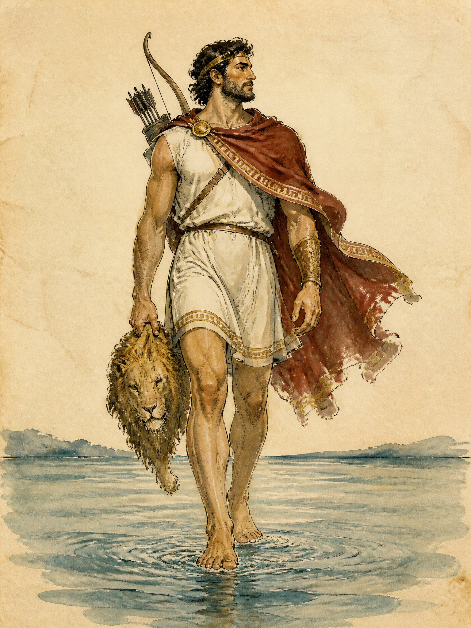 Orión caminando sobre la superficie del mar en calma, ilustración editorial en acuarela sobre papel marfil