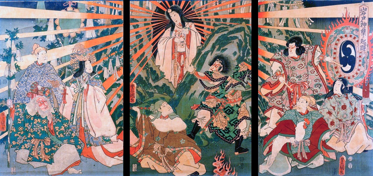 Grabado japonés antiguo de la diosa Amaterasu emergiendo de la cueva rocosa ante los demás dioses