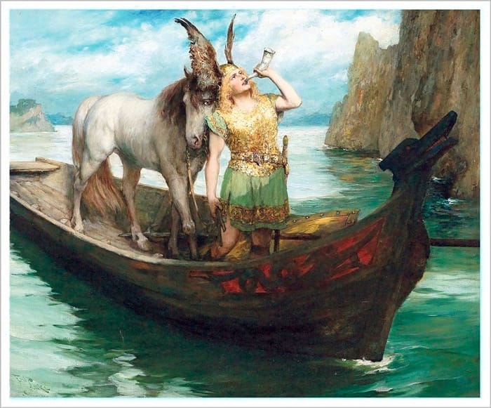 Sigfrido acompañado de su caballo Greyfel en su viaje a través de Rin de Ferdinand Leeke