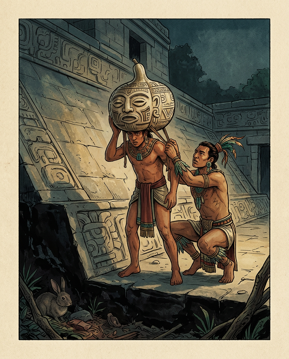Joven maya con una calabaza tallada a modo de cabeza falsa sobre los hombros en una cancha en penumbra