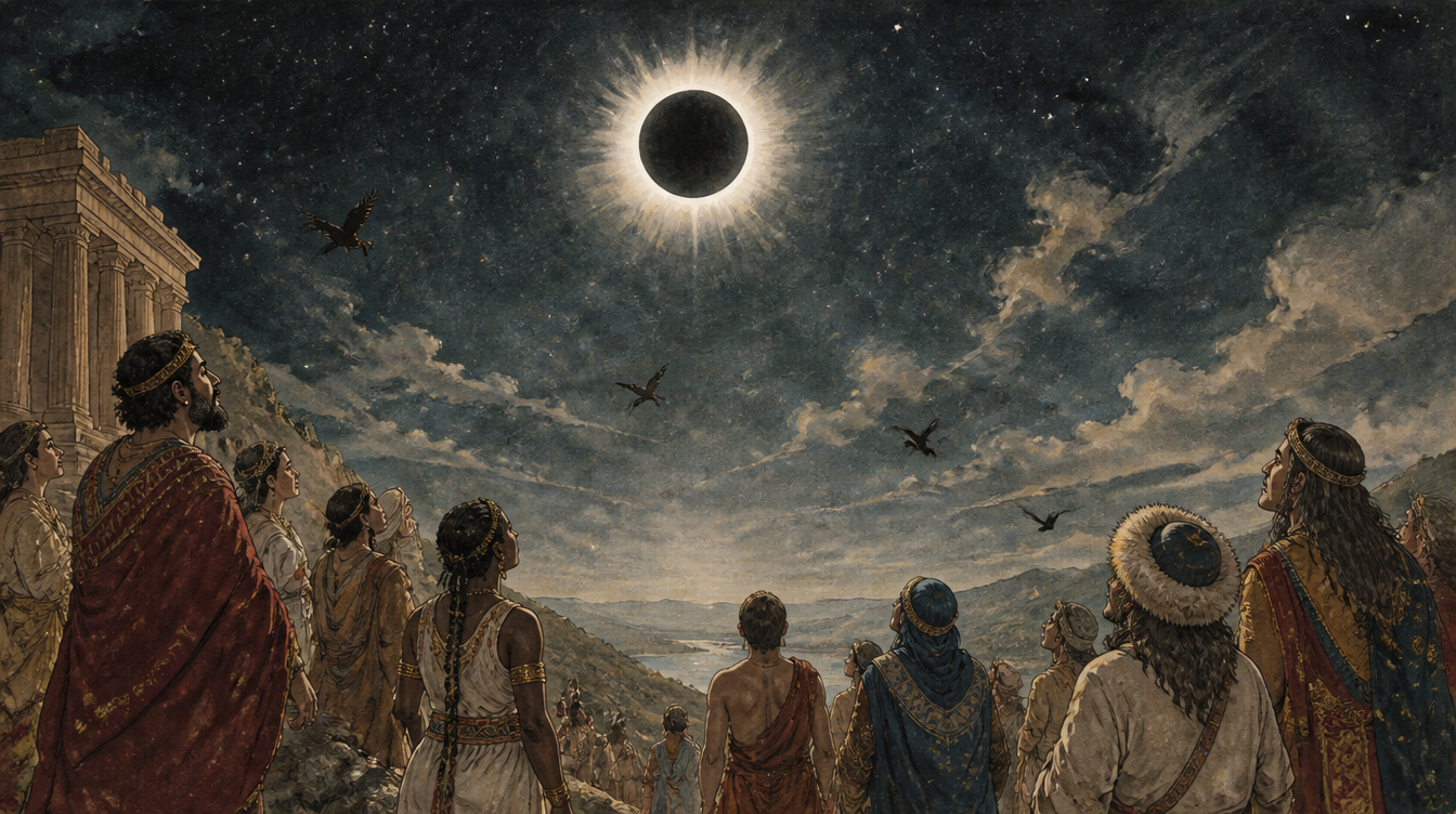 Multitud de campesinos de distintas culturas observando juntos la corona solar durante la totalidad de un eclipse