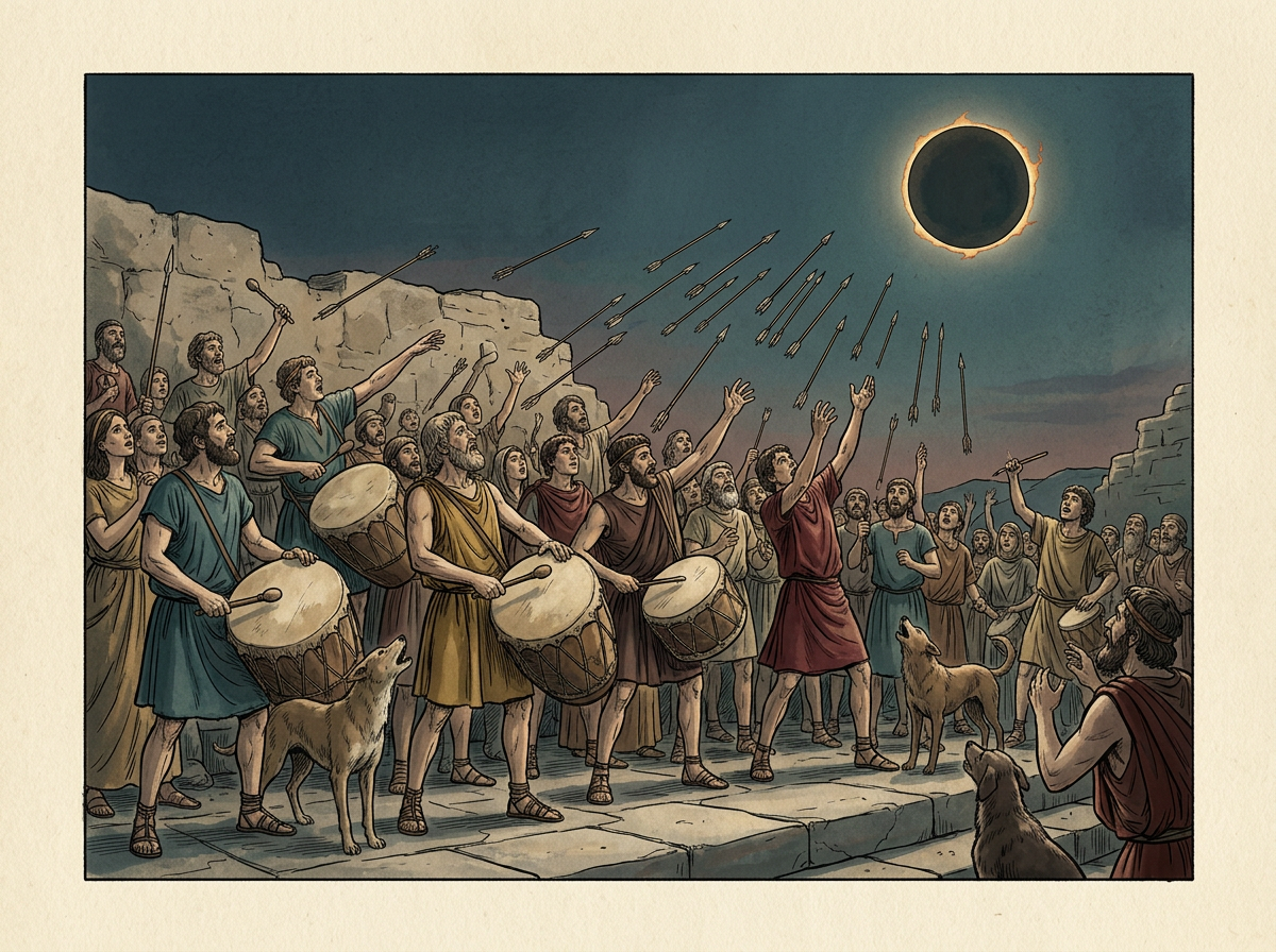 Multitud golpeando tambores y disparando flechas hacia un sol eclipsado en un cielo oscurecido