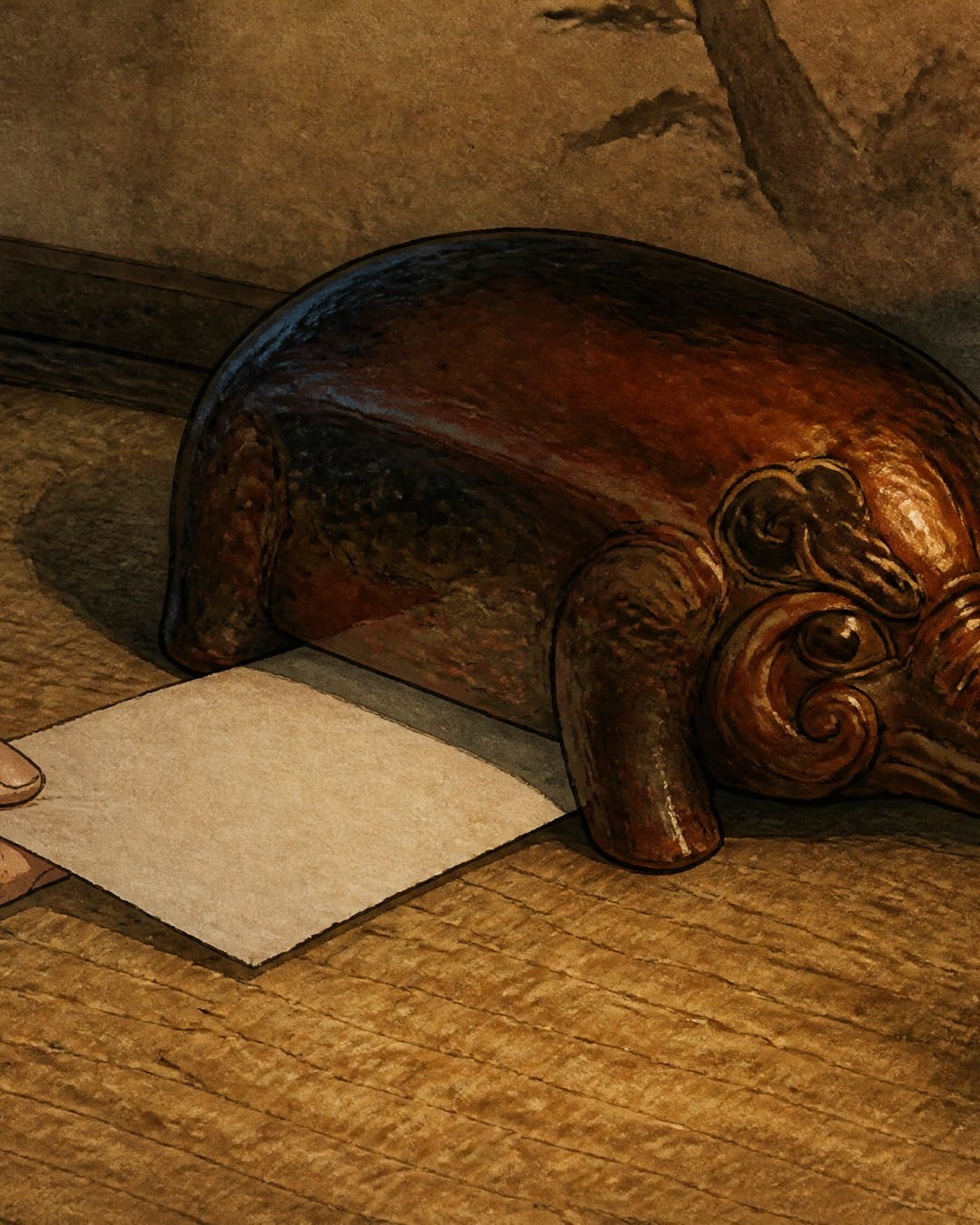 Una mano desliza un papel bajo una almohada de madera tallada con forma de baku, junto a una lámpara de papel