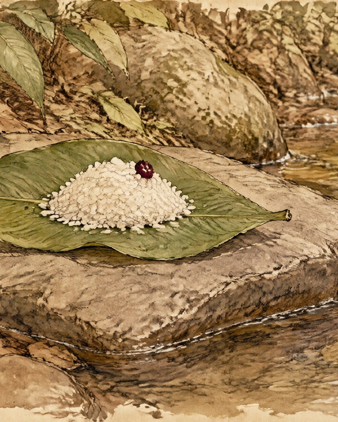 Un montón de arroz blanco con una nuez roja encima, sobre una hoja ancha colocada en una piedra a la orilla de un río