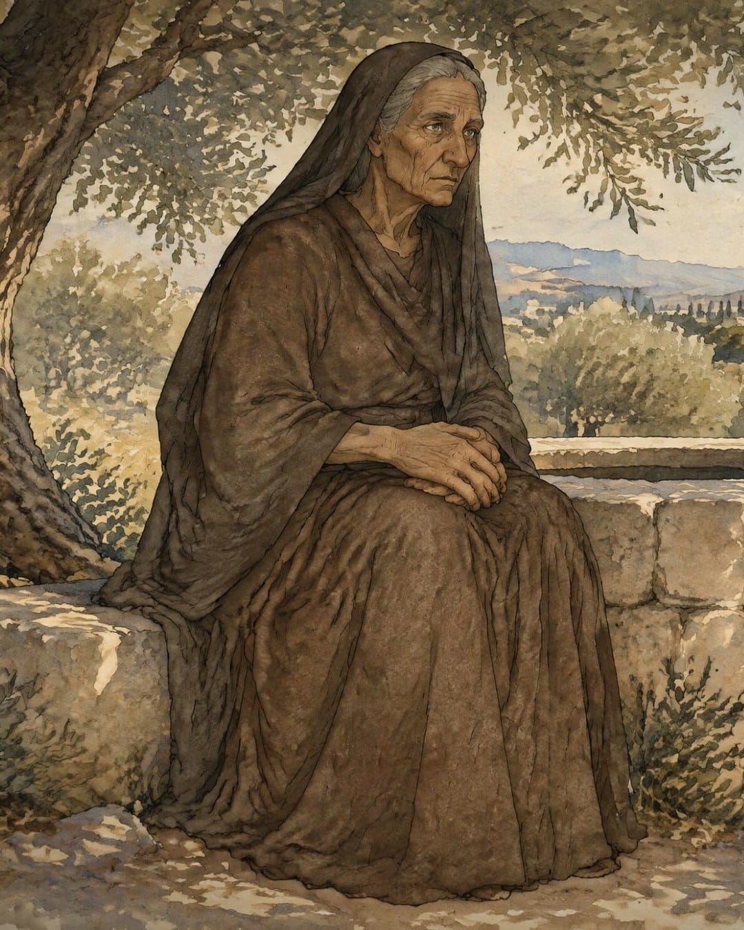 Una anciana envuelta en un manto pardo sentada junto a un pozo de piedra a la sombra de un olivo, con casas blancas y colinas al fondo