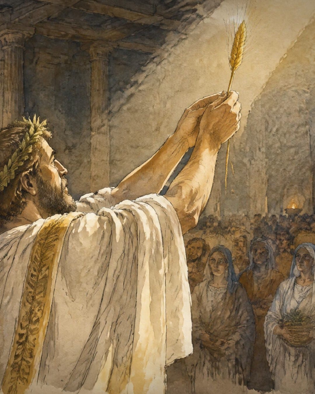 Un sacerdote con corona de hojas y túnica blanca alza con las dos manos una espiga de trigo bajo un haz de luz, ante una multitud en una sala oscura