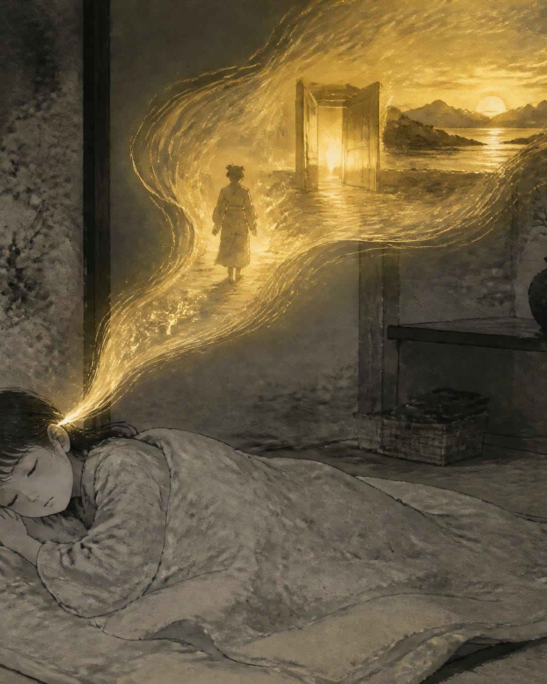 Una niña dormida de la que sale un hilo de luz dorada que dibuja una figura caminando hacia una puerta abierta junto al mar