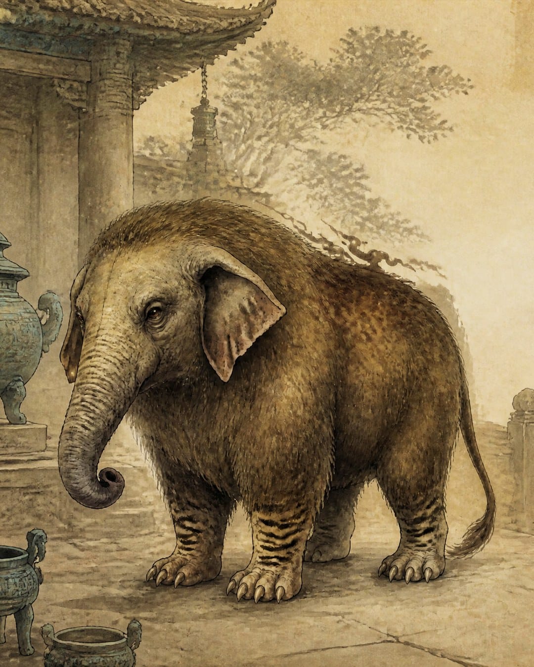 El mo, una criatura con trompa de elefante, patas de tigre y cuerpo peludo, en el patio de un templo chino entre vasijas de bronce