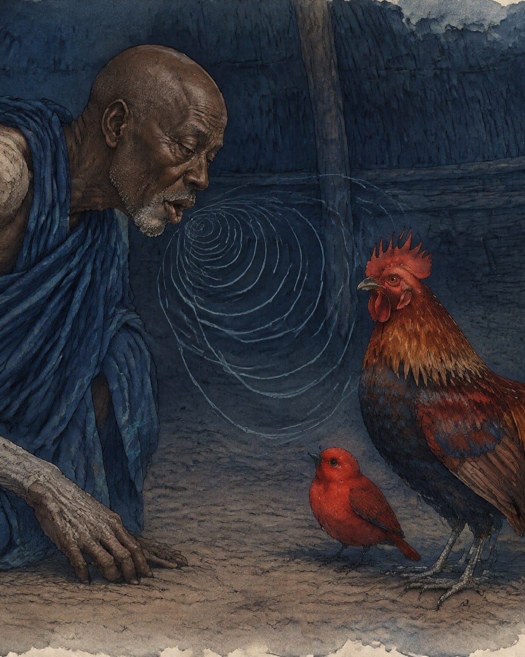 Un anciano de túnica azul se inclina hacia un gallo y un pequeño pájaro rojo, con ondas de sonido dibujadas saliendo de su boca, dentro de una choza a oscuras