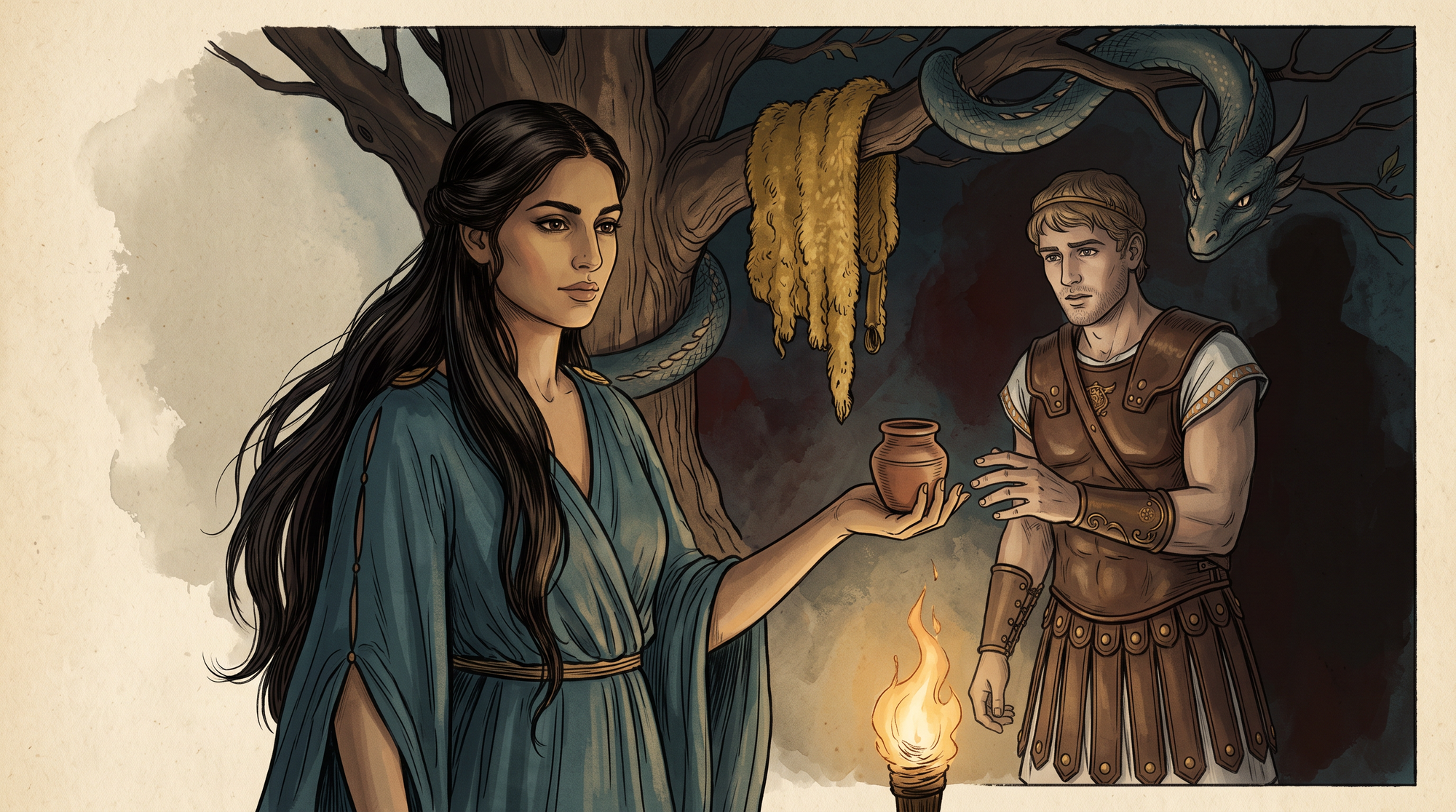 Medea, con túnica azul, ofrece a Jasón un pequeño tarro de ungüento de noche en el bosque de Ares, con el dragón enroscado al roble del que cuelga el vellocino de oro