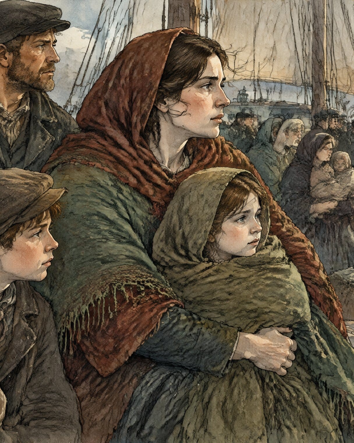 Una familia de emigrantes irlandeses del siglo XIX, una madre con chal rojo que abraza a su hija y un niño con gorra, en la cubierta abarrotada de un velero en alta mar
