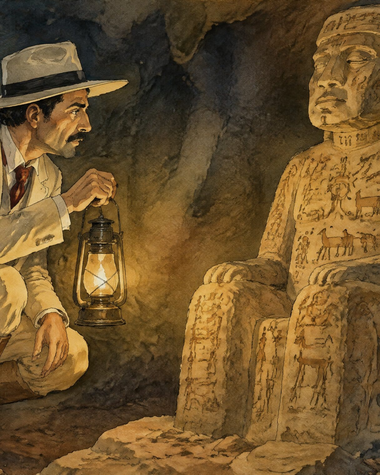 Un hombre con sombrero claro y bigote, agachado con un farol encendido en la mano, observa en una cueva una gran estatua sentada de piedra cubierta de figuras grabadas