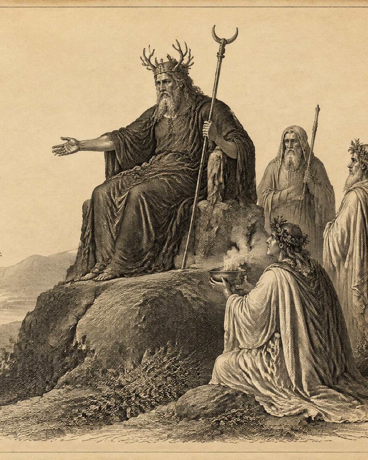 Grabado de estilo antiguo de un dios barbudo con corona de cuernos y báculo, sentado en un trono de roca, que extiende el brazo hacia una figura velada mientras unos druidas lo rodean