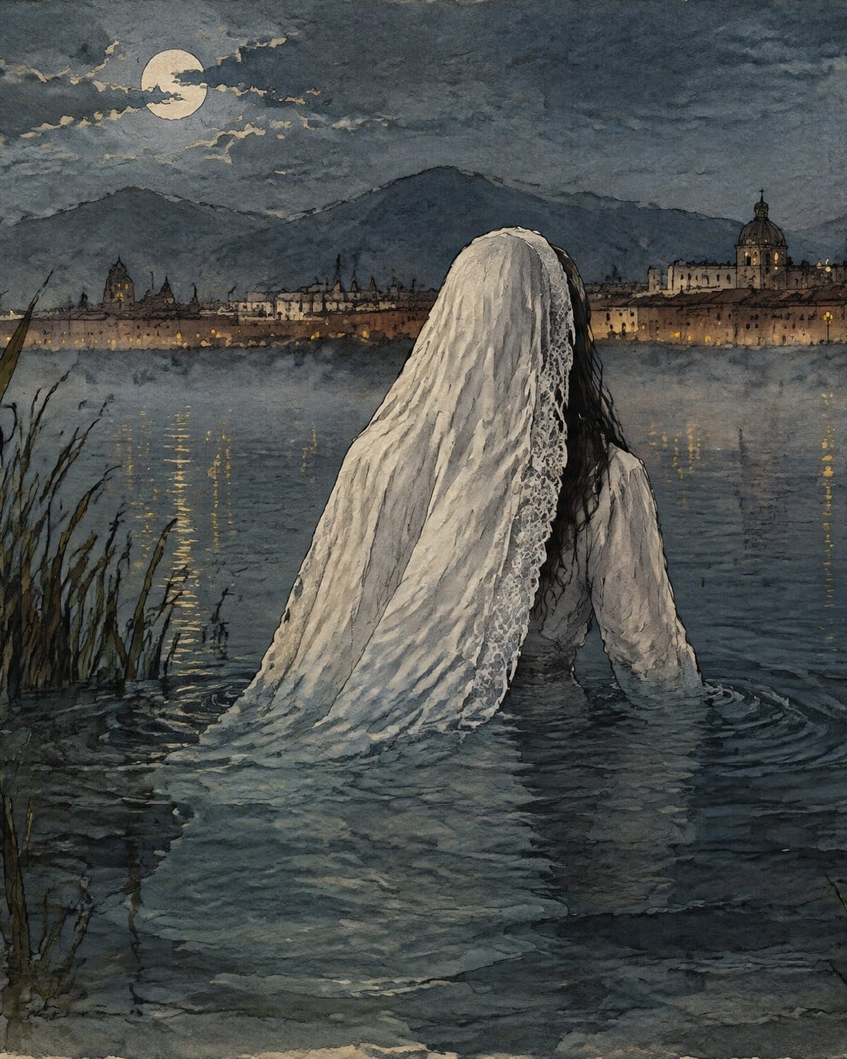 Una figura cubierta por un velo blanco que se hunde de espaldas en un lago de noche, frente a una ciudad con cúpulas iluminadas