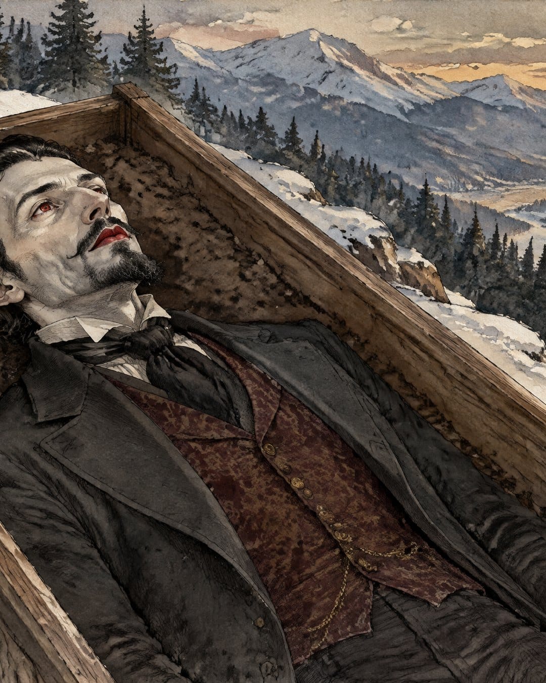 Un hombre de bigote y perilla, pálido y con los labios rojos, tendido en una caja de madera abierta sobre la nieve; al fondo, montañas y un castillo bajo la luz del atardecer