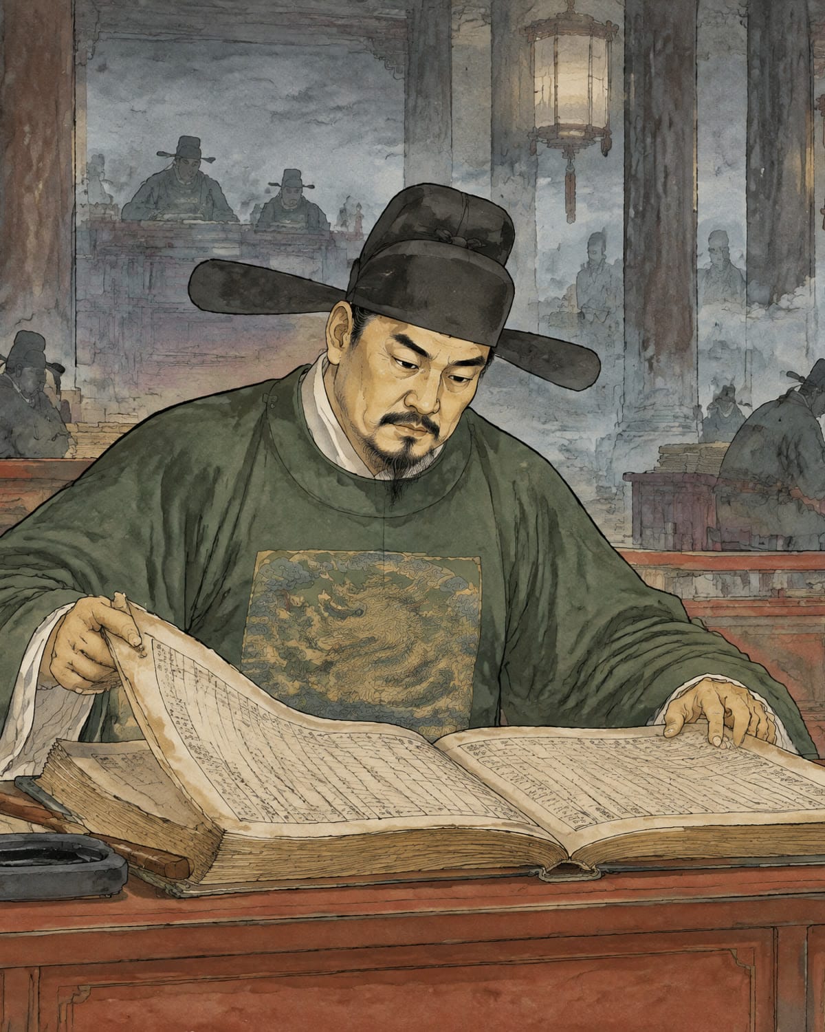 Un juez chino con túnica verde y sombrero negro de funcionario lee un libro enorme abierto sobre una mesa roja, con otros escribanos al fondo
