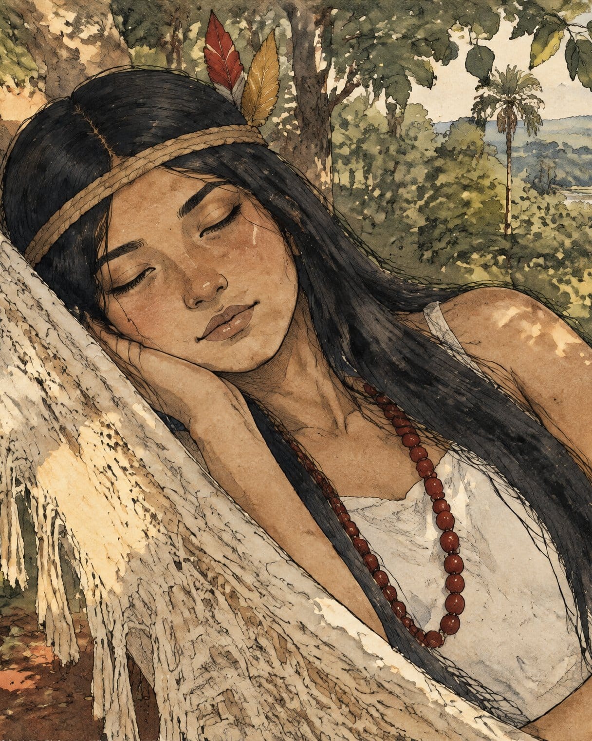Una muchacha indígena de pelo largo y negro, con una vincha de plumas y un collar de cuentas rojas, duerme en una hamaca blanca a la sombra de los árboles