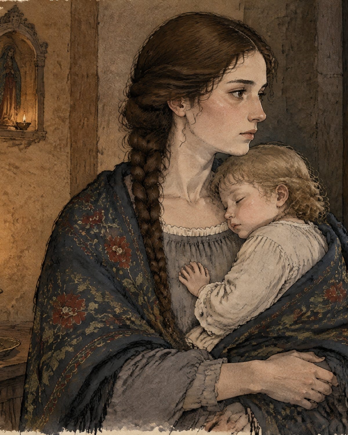 Una mujer joven de trenza larga y castaña, con un mantón oscuro bordado de flores, abraza a un niño rubio dormido junto a una ventana de noche