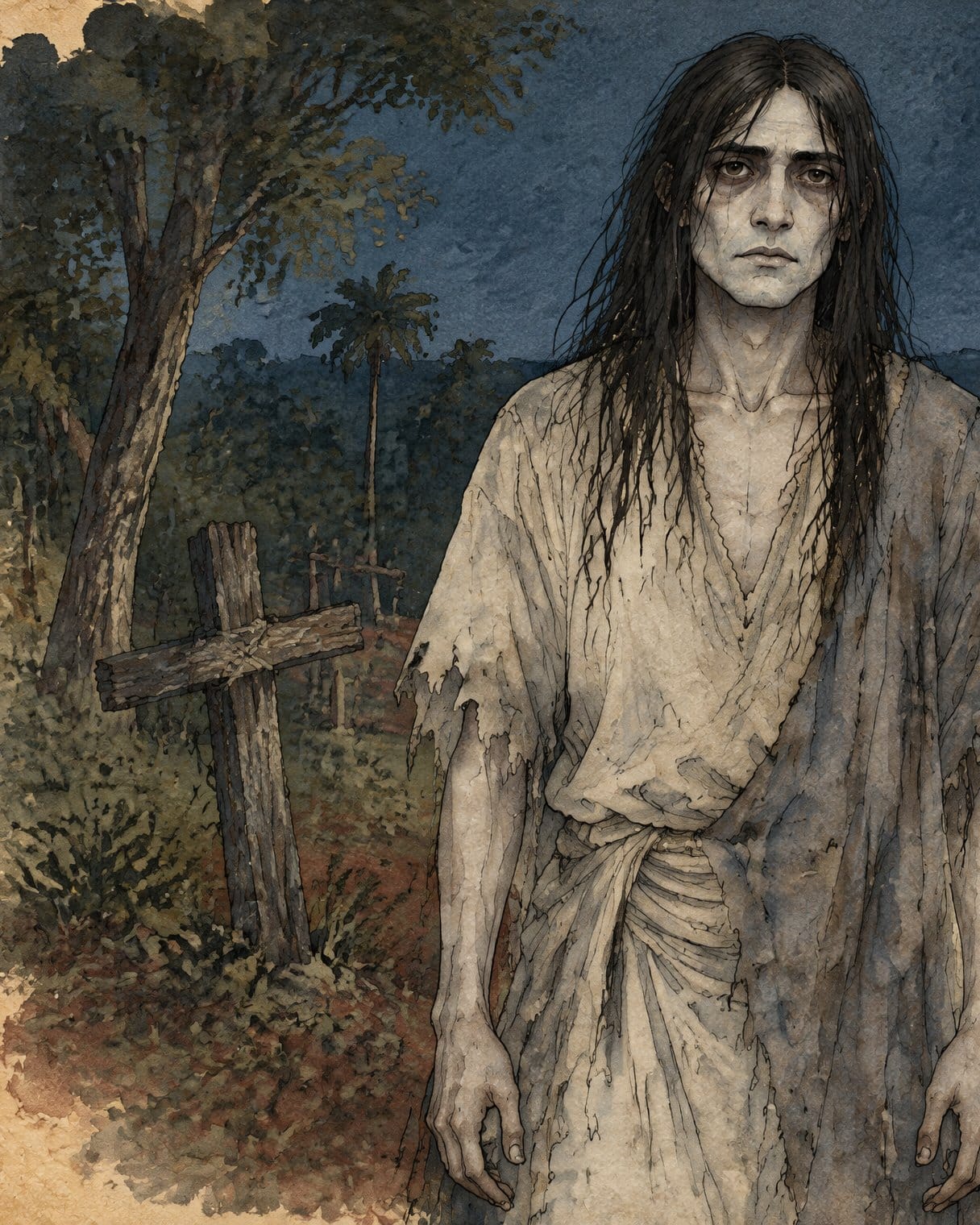 Un hombre muy pálido y demacrado, de pelo largo, negro y desgreñado, con una túnica gris rota, de pie junto a unas cruces de madera bajo un cielo nocturno
