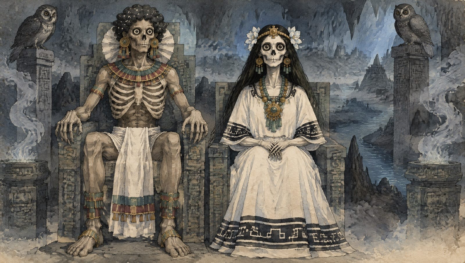 Mictlantecuhtli, esquelético y con pelo rizado, y Mictecacíhuatl, con calavera por rostro y vestido blanco, sentados en dos tronos de piedra en una sala subterránea con lechuzas sobre las columnas