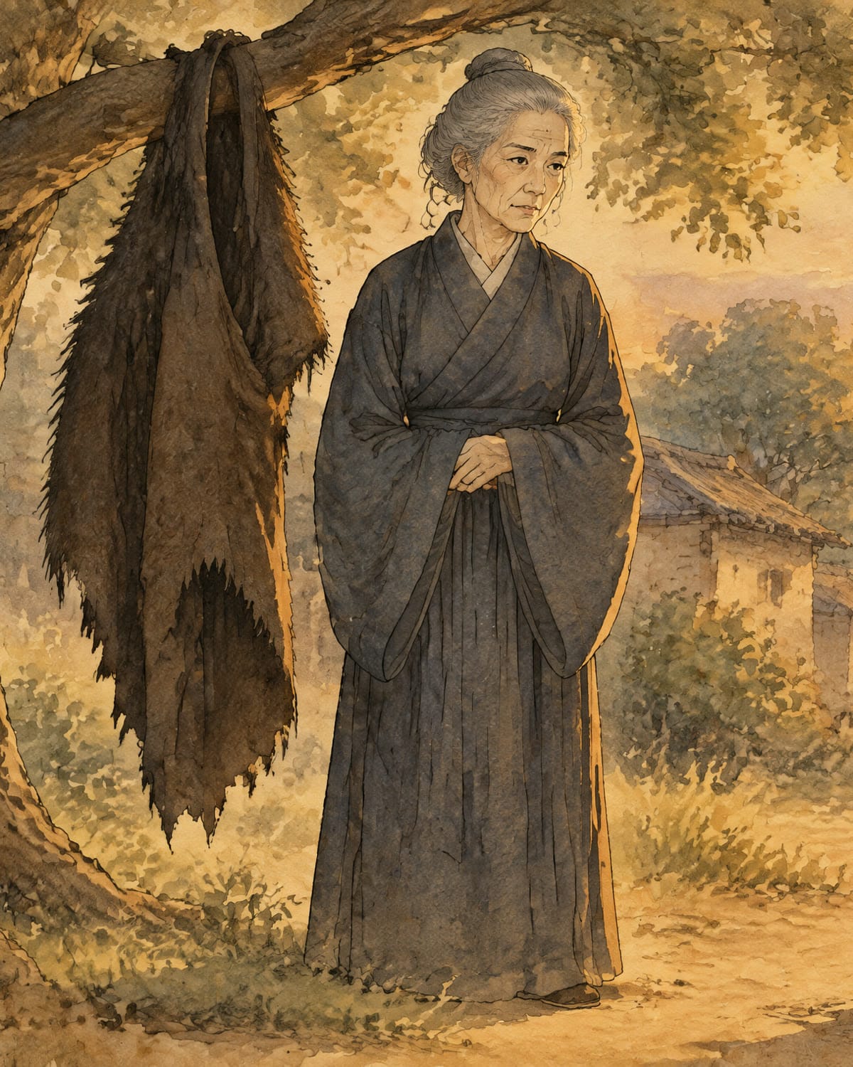 Una mujer mayor vestida de negro, de pie bajo un árbol del que cuelga una piel oscura de animal, en un camino de aldea a la luz del atardecer
