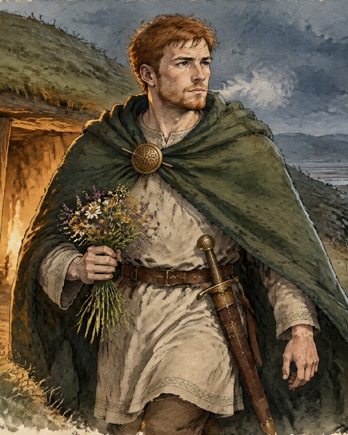 Un guerrero joven pelirrojo, con capa verde y espada al cinto, sale de la puerta iluminada de una colina con un ramo de flores silvestres en la mano