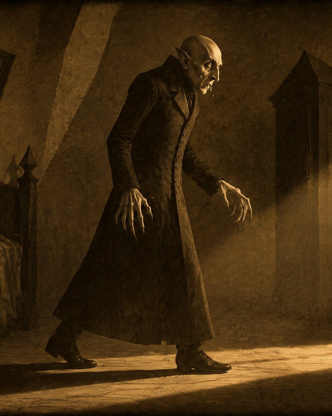 Un vampiro calvo y encorvado, de abrigo largo y manos como garras, camina por una habitación en penumbra mientras un haz de luz amarilla entra en diagonal por una ventana