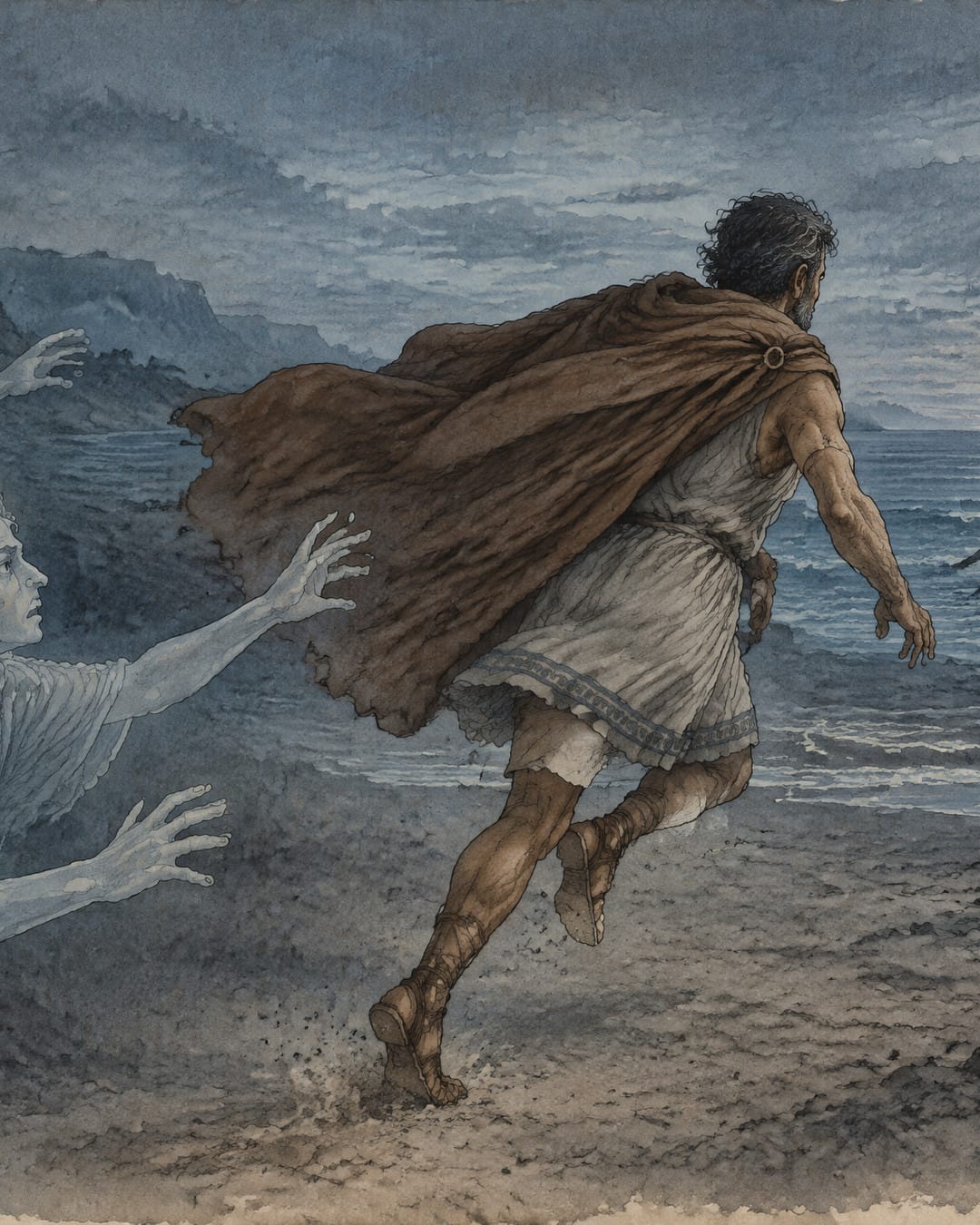 Un hombre con capa marrón corre por una playa gris hacia una nave mientras unas manos pálidas se alargan hacia él desde la niebla