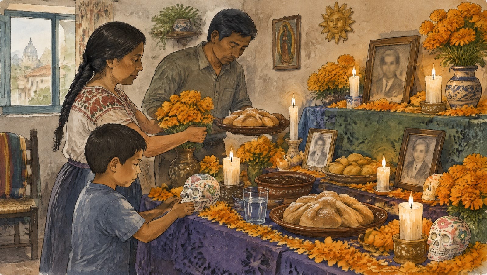 Una familia mexicana, madre, padre e hijo, monta en casa un altar de Día de Muertos con flores de cempasúchil, velas, pan de muerto, calaveras de azúcar, un vaso de agua y fotografías
