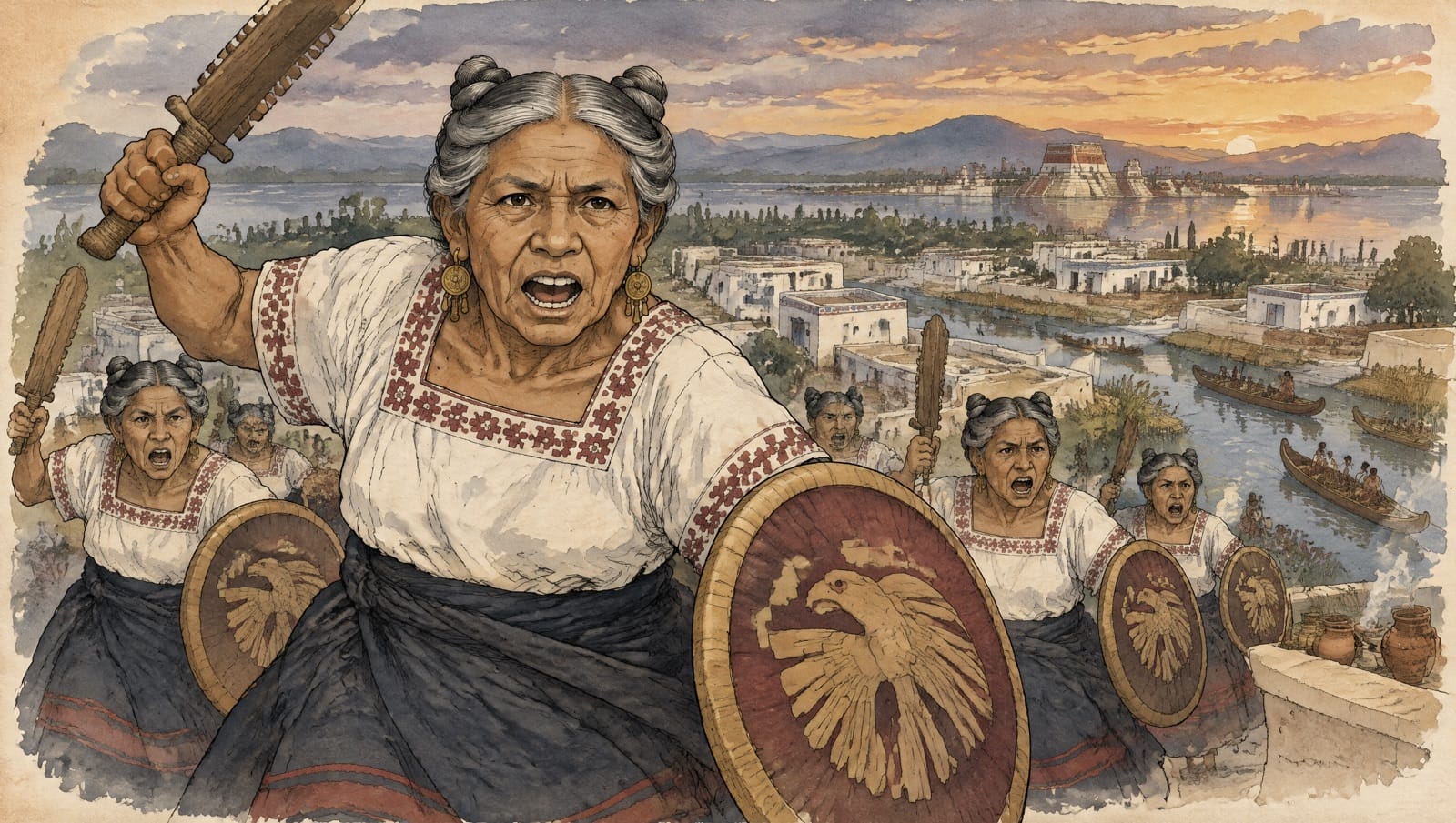 Ancianas mexicas de pelo gris, con huipil blanco, escudos redondos con un águila y espadas de madera, gritan como si cargaran contra un enemigo al atardecer, con Tenochtitlan al fondo