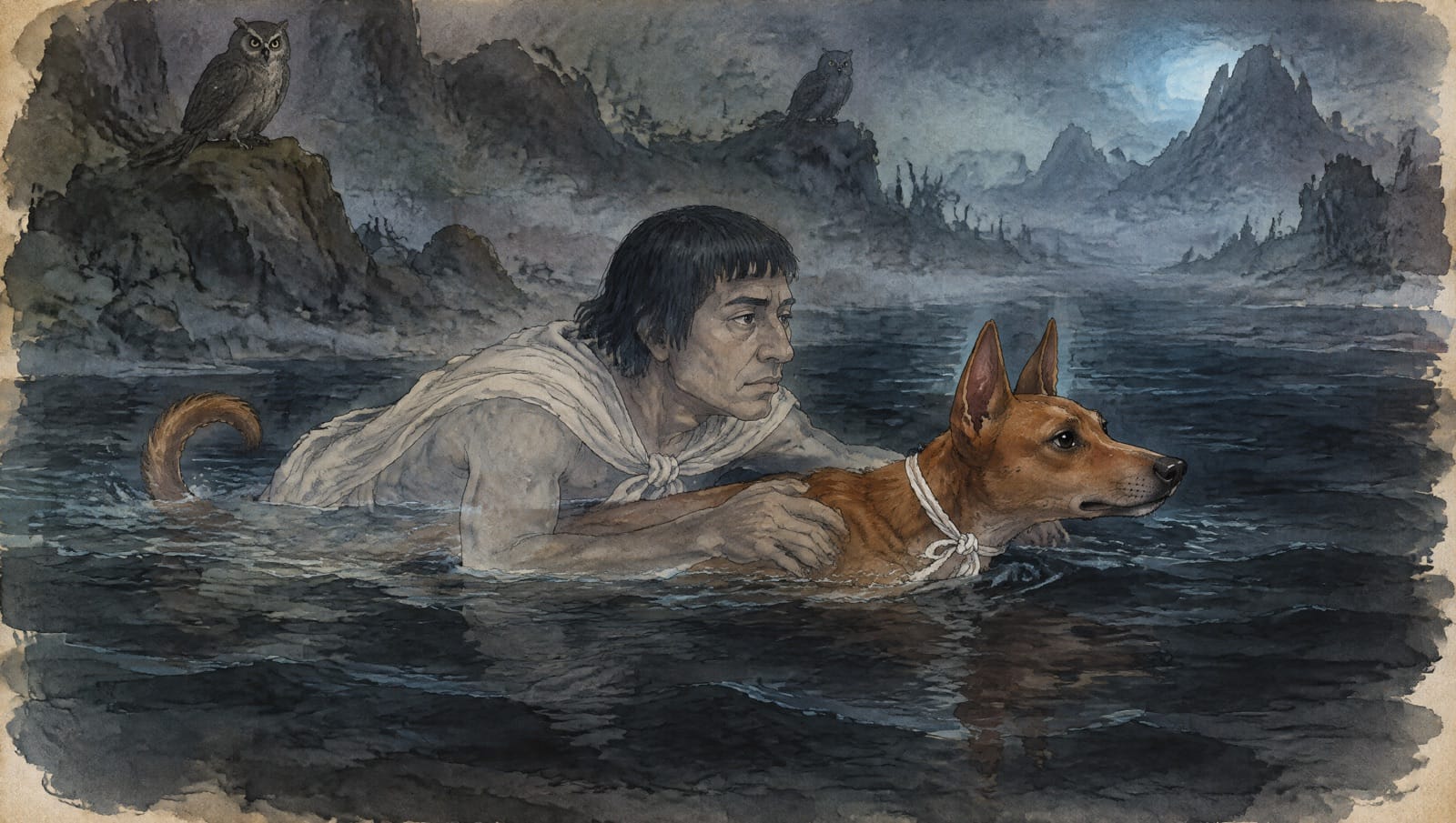 Un perro de pelo rojizo con un hilo blanco al cuello nada por un río negro y brumoso mientras un hombre mexica se agarra a su lomo