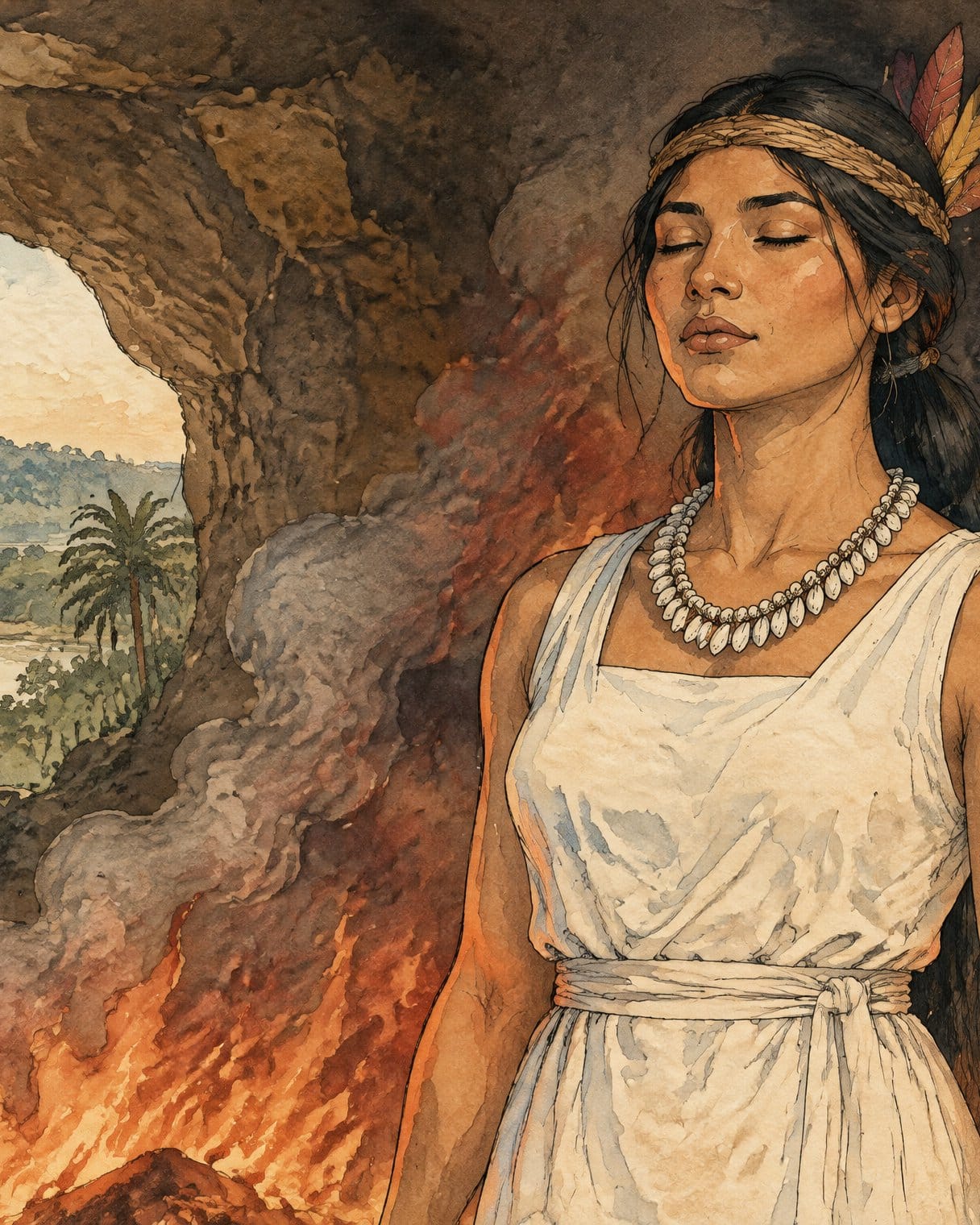 Una mujer joven de vestido blanco, collar de caracoles y vincha con plumas, con los ojos cerrados y gesto sereno, de pie dentro de una cueva entre llamas y humo