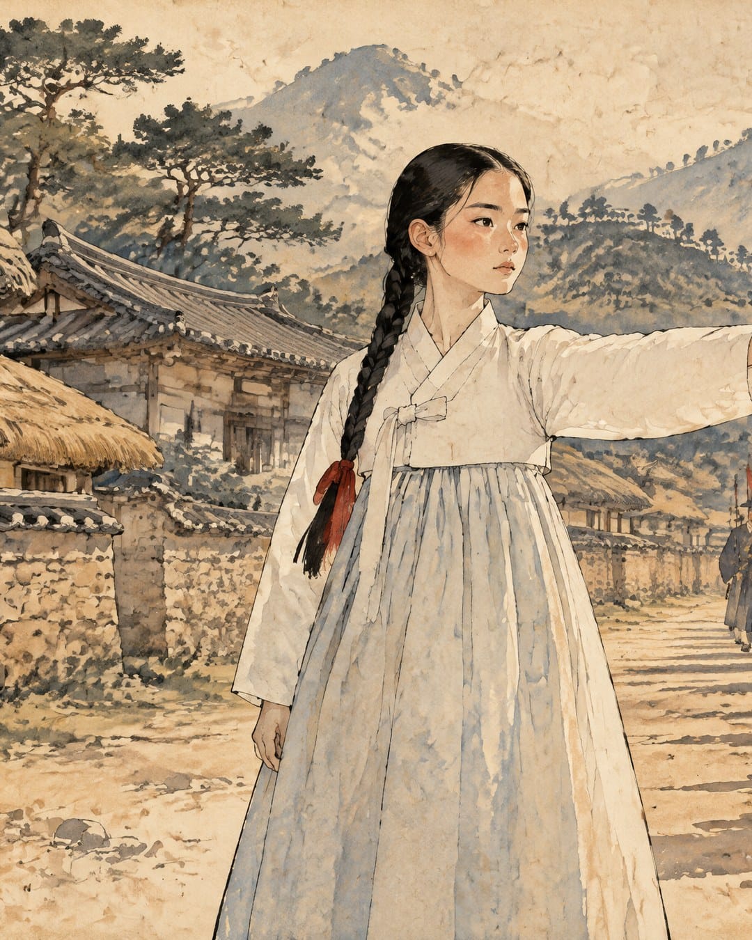 Una muchacha con hanbok blanco y trenza larga extiende el brazo con la palma abierta en un camino de tierra, con casas de tejado curvo y montañas al fondo