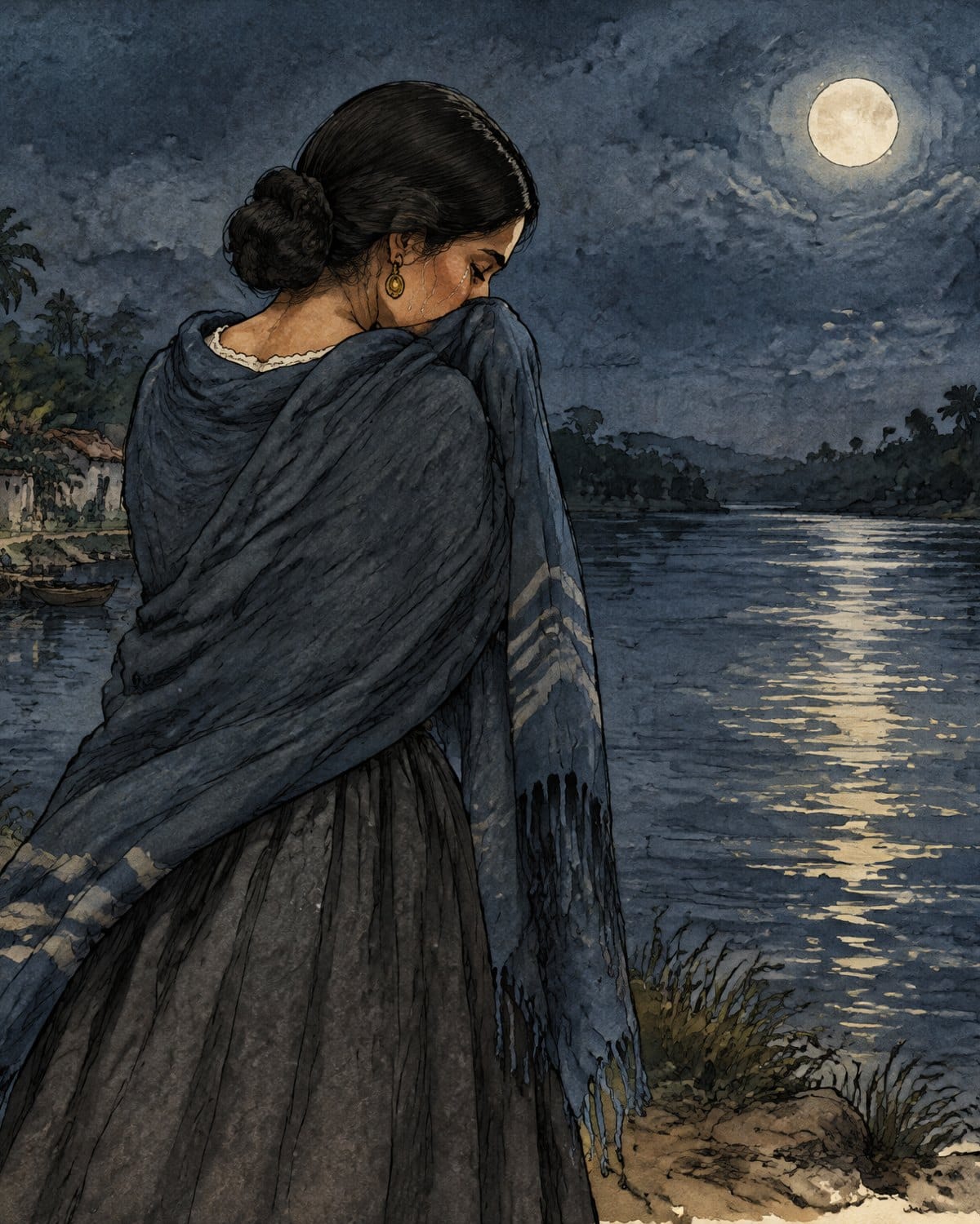 Una mujer joven de pelo negro recogido, con un rebozo azul oscuro sobre los hombros, de espaldas junto a un río de noche, con la luna llena reflejada en el agua