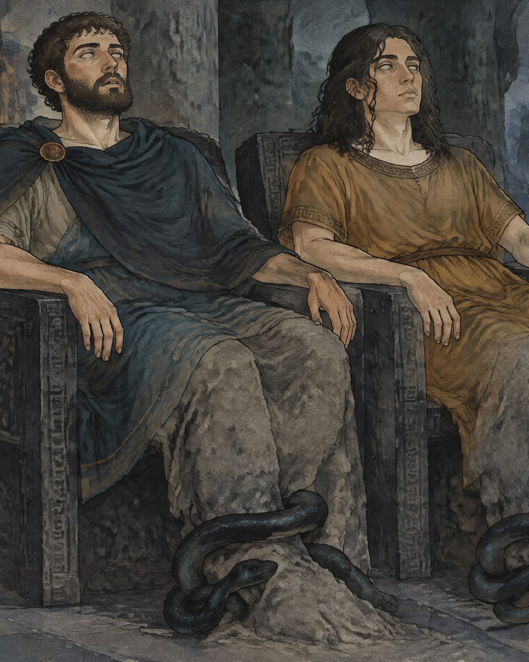 Dos hombres sentados en sillas de piedra junto a una mesa de banquete en una sala oscura, con la piedra subiéndoles por las piernas y serpientes negras alrededor