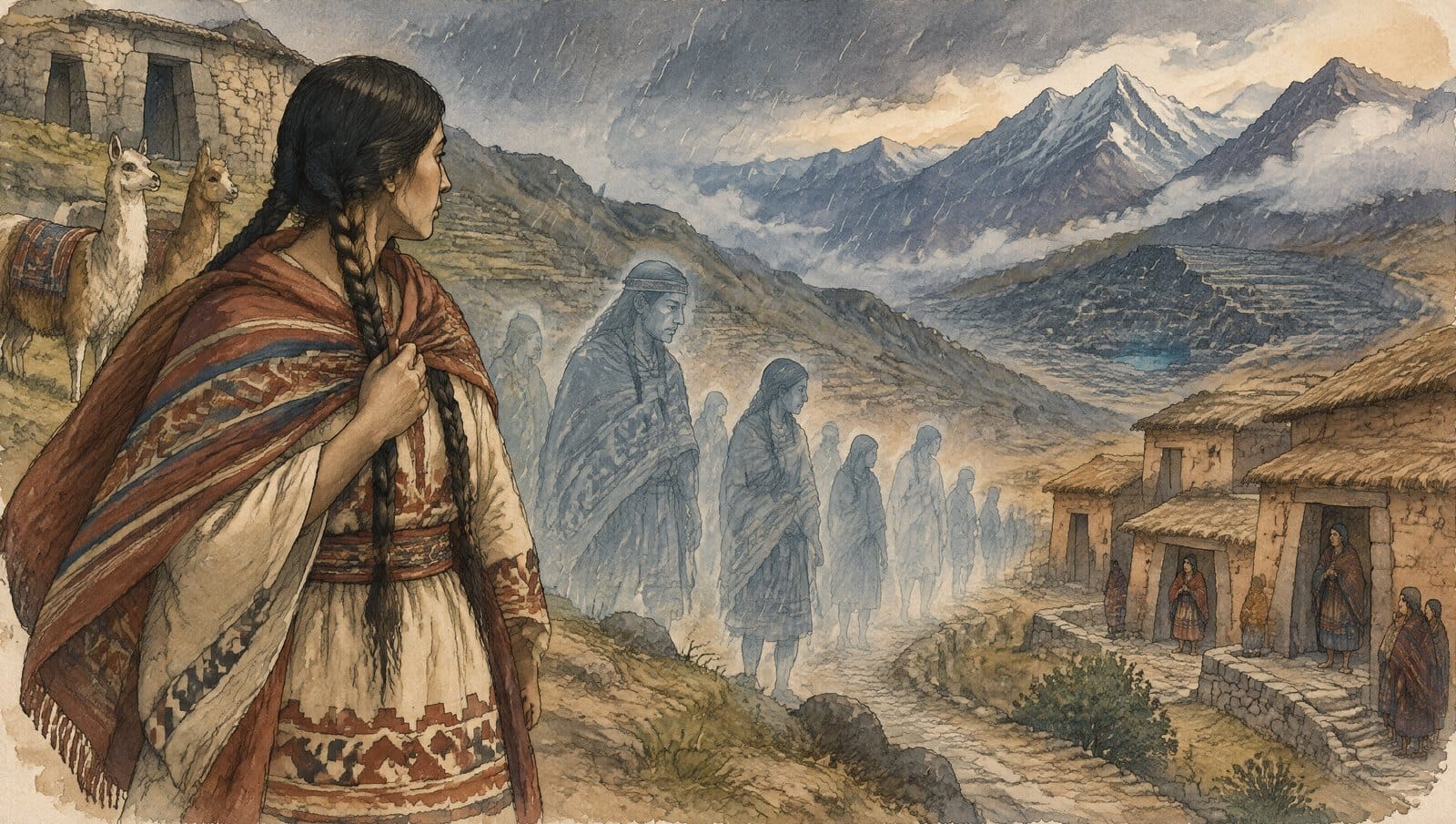 Una mujer andina de espaldas mira cómo figuras pálidas y translúcidas bajan en fila por un sendero de montaña hacia un pueblo de adobe bajo un cielo de lluvia