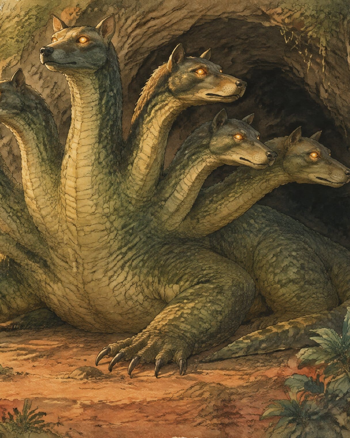 Un lagarto verde enorme con varias cabezas de perro de ojos amarillos, echado a la entrada de una cueva entre la vegetación