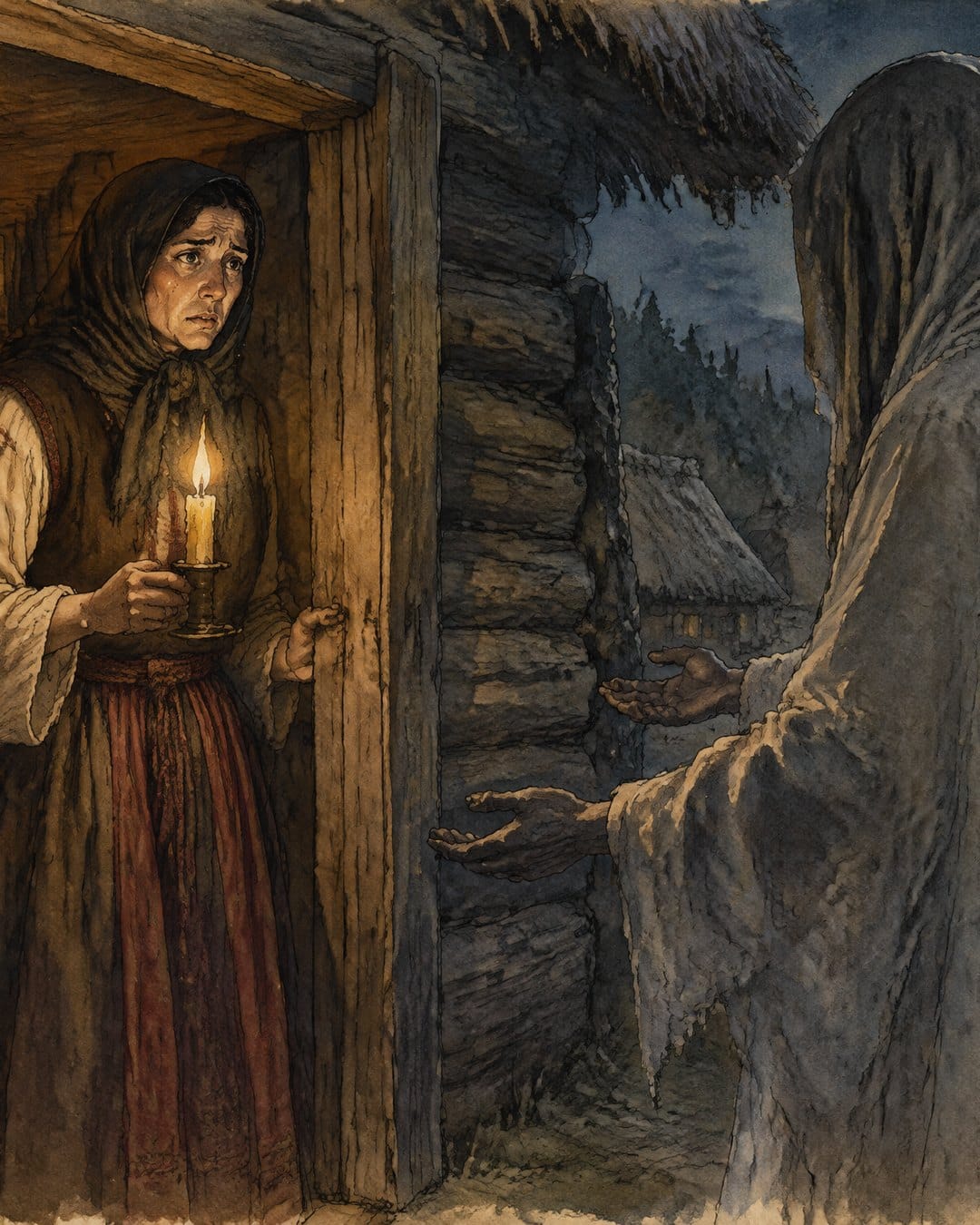 Una campesina con pañuelo y una vela en la mano entreabre la puerta de una casa de troncos; fuera, de noche, una figura alta envuelta en un sudario gris le tiende la mano