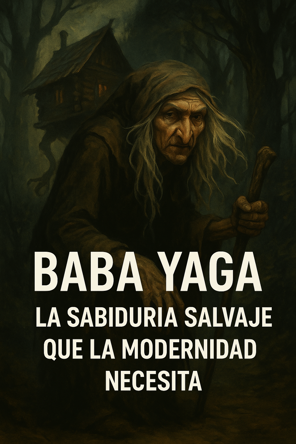 Ilustración de Baba Yaga en un bosque oscuro, con su cabaña iluminada sobre patas de gallina, representando el poder ancestral y misterioso del folclore eslavo.