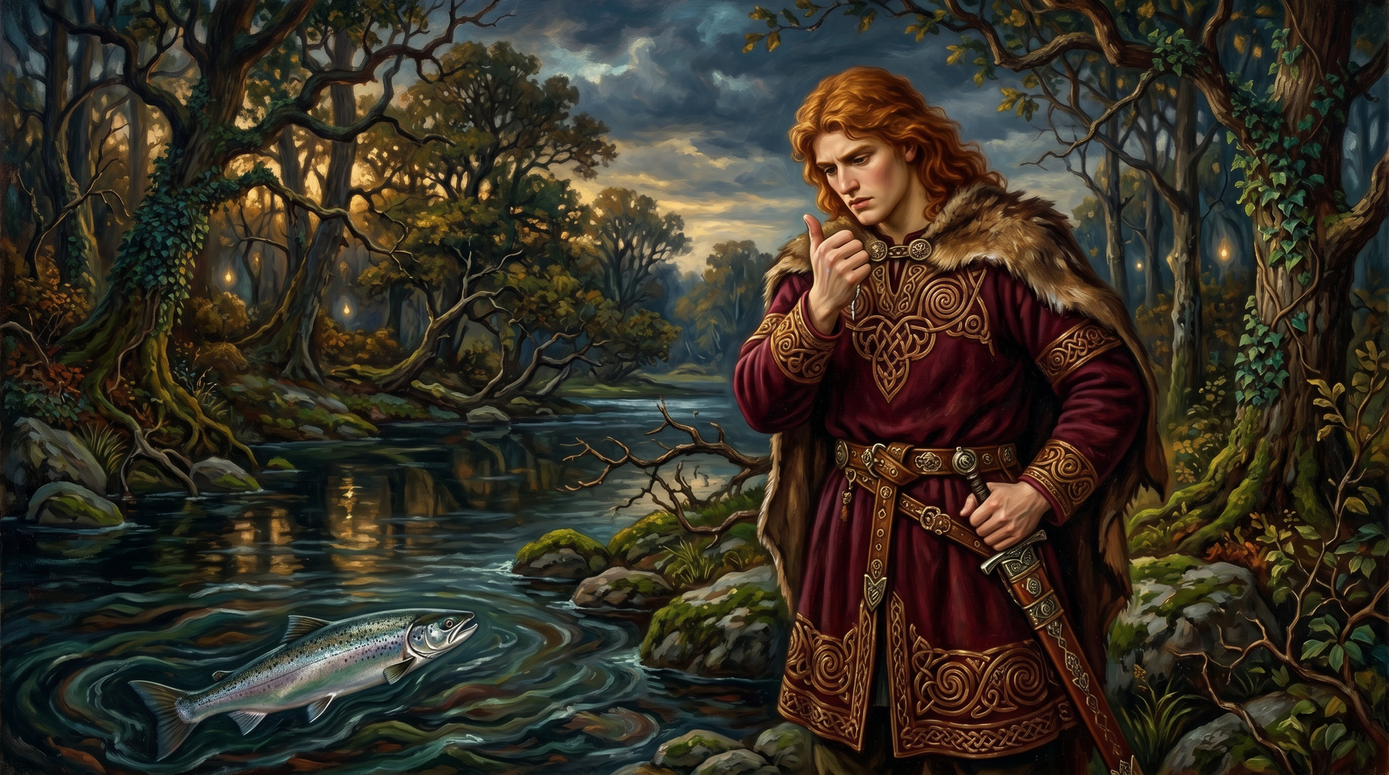 Finn MacCool, héroe celta irlandés, con su lanza y el salmón del conocimiento en un bosque mágico