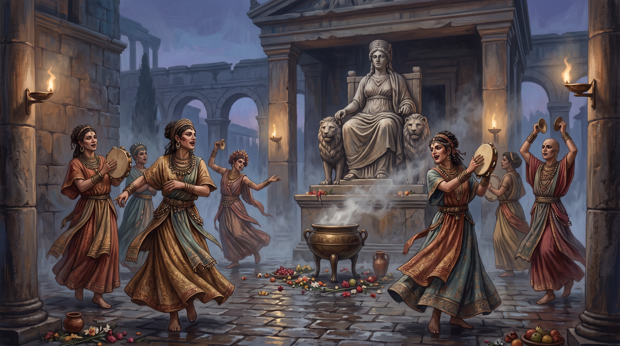 Ilustración de sacerdotes Galli en éxtasis religioso alrededor de una estatua de Cibeles