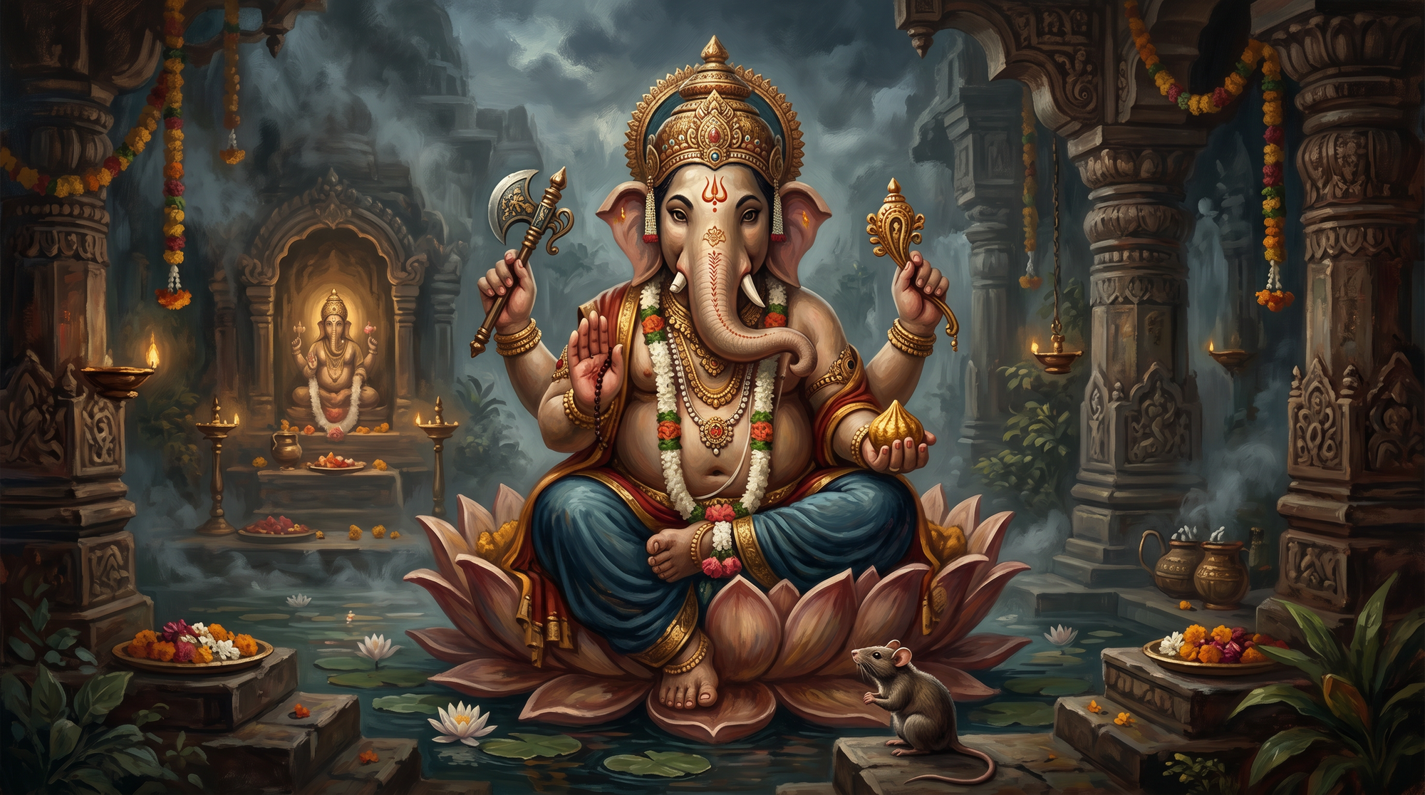 El dios Ganesha con cabeza de elefante sentado en un trono
