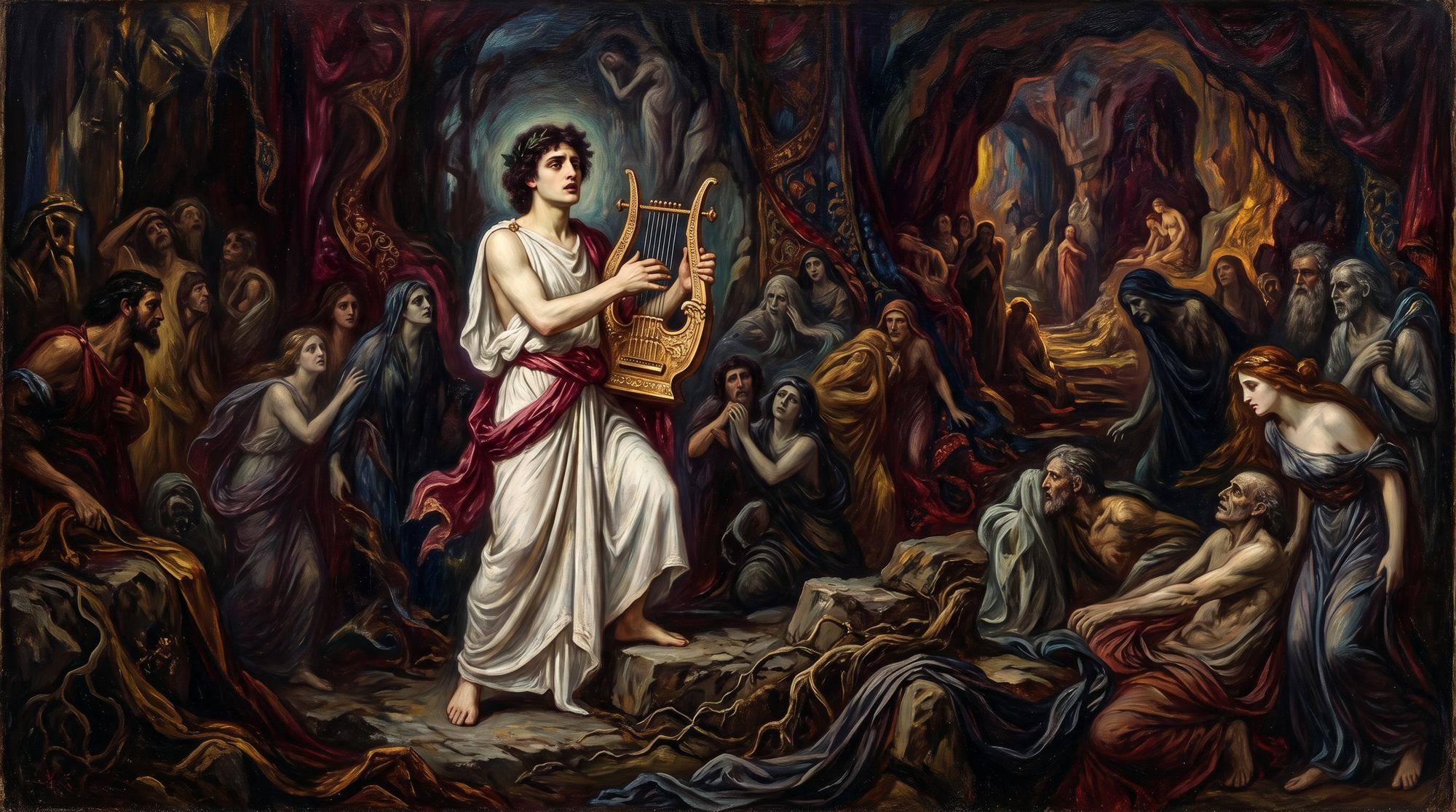 Orfeo tocando la lira en el inframundo griego rodeado de sombras
