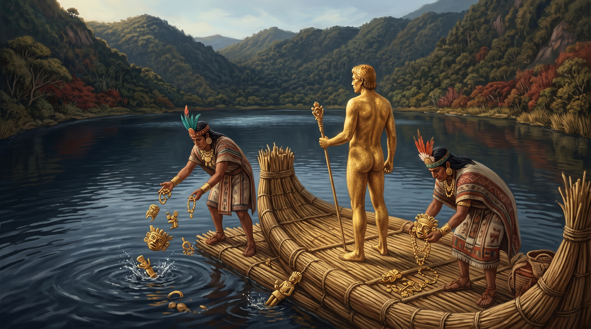 Ilustracion que representa el ritual del dorado que dio origen a leyenda del mismo nombre