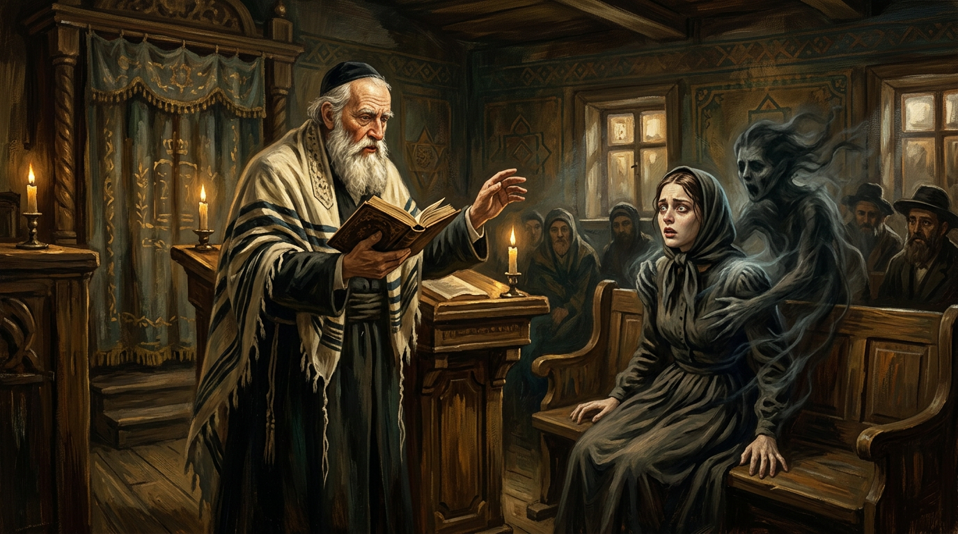 Un rabino anciano realizando un exorcismo a una mujer joven poseída por un espíritu oscuro en una sinagoga del siglo XIX
