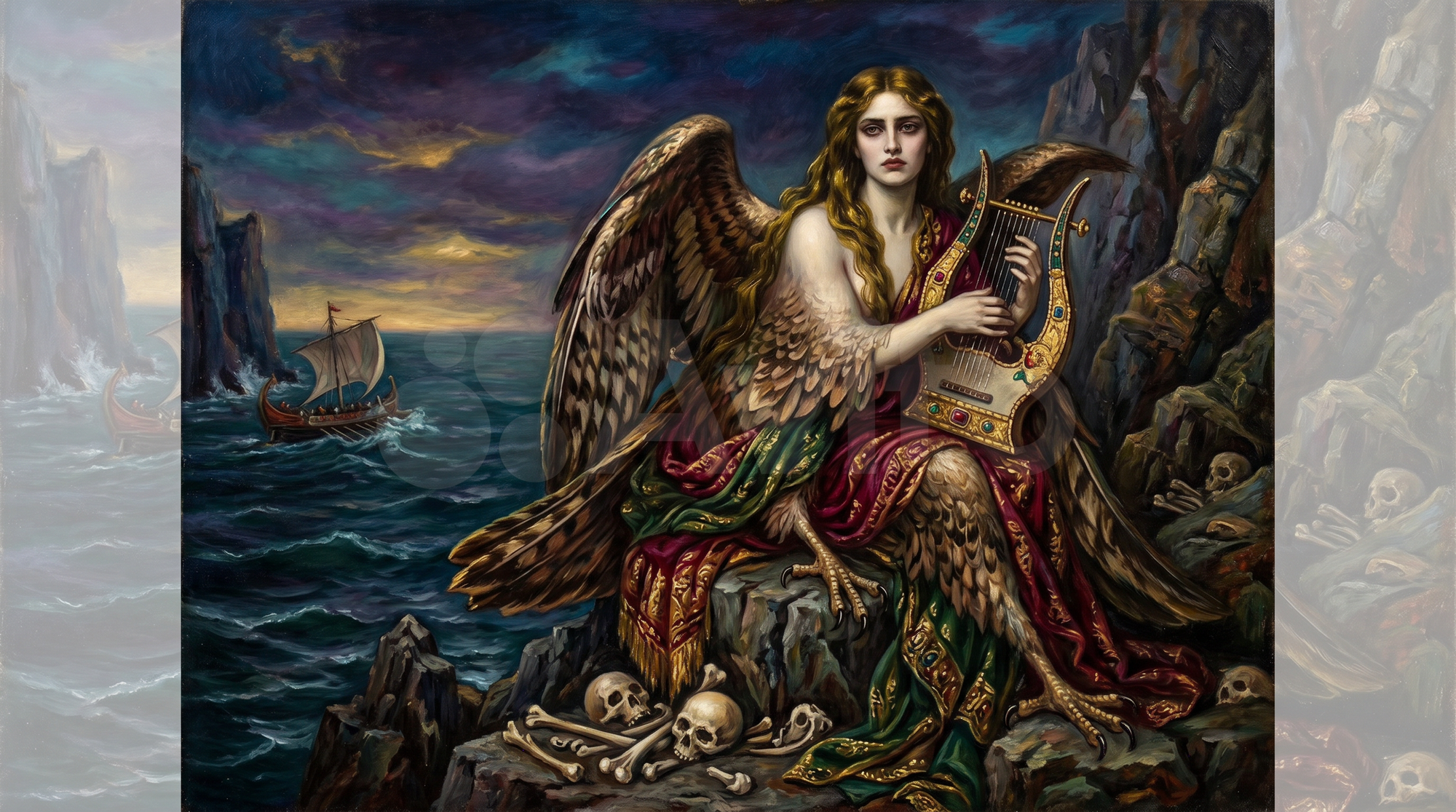 Sirena griega alada en un acantilado rocoso sobre el mar, mitología clásica europea