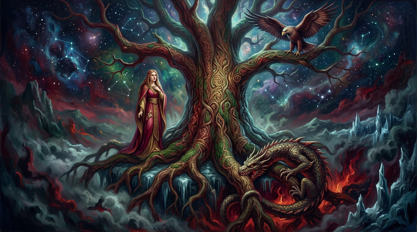 El colosal árbol Yggdrasil atravesando el cosmos oscuro, con raíces en el hielo y ramas en las estrellas