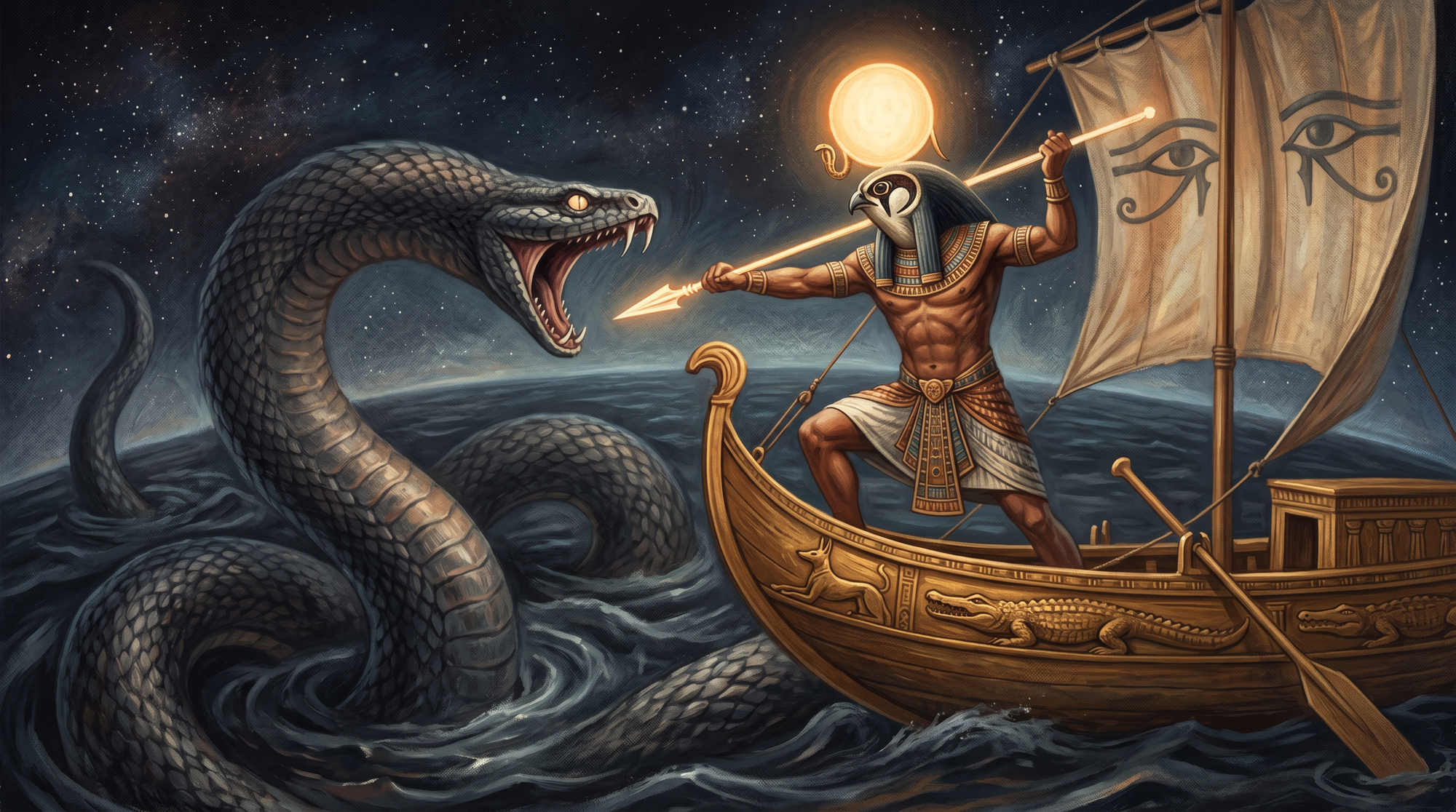 El dios del sol Ra con cabeza de halcón en su barca dorada luchando contra la serpiente gigante Apofis en el cielo nocturno