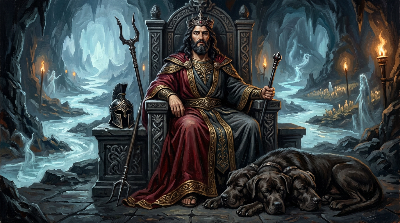 Hades, dios griego del inframundo, sentado con expresión serena y justa en un trono de piedra oscura, con el bidente, el yelmo de la oscuridad y Cerbero a sus pies